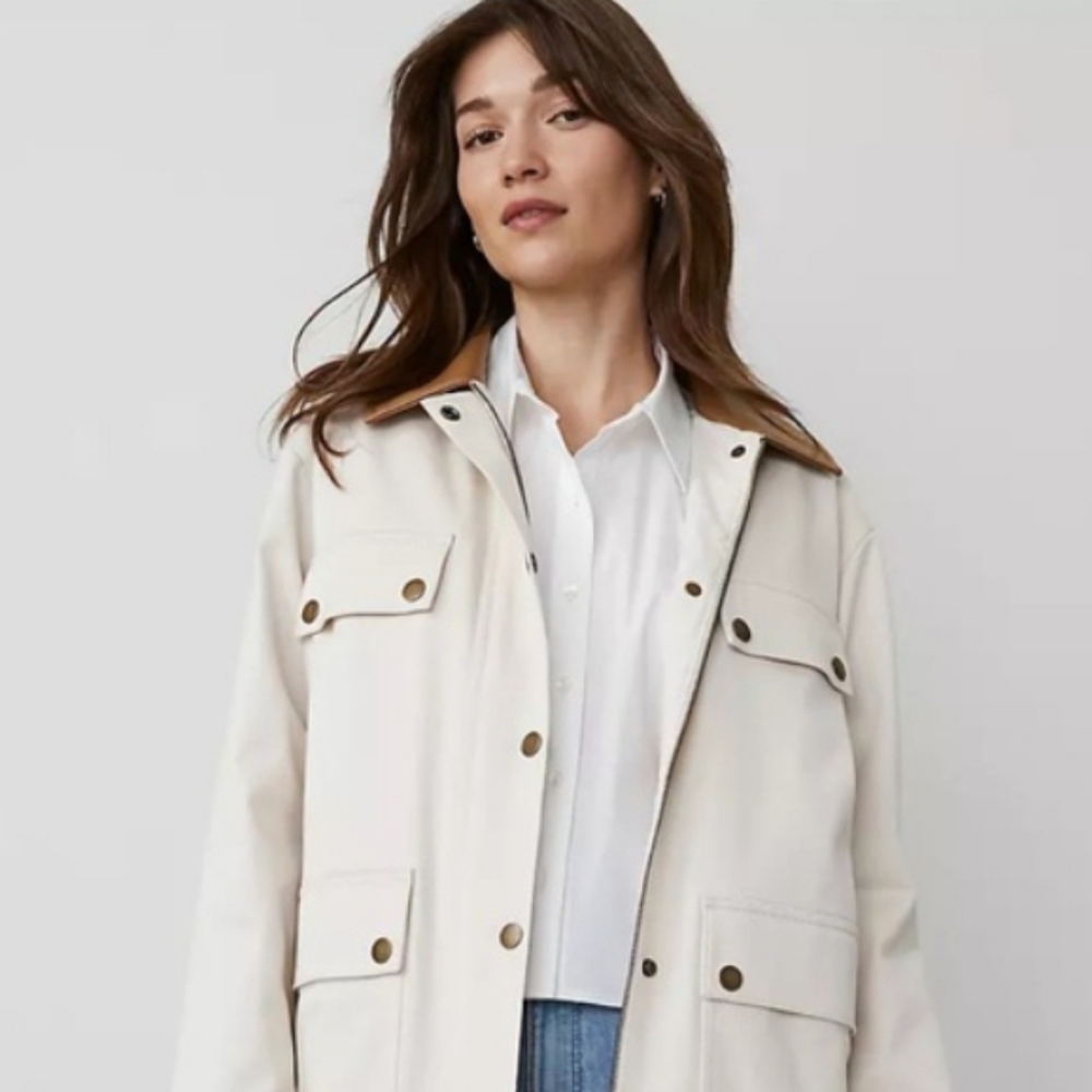 Ann Taylor Weekend Cream Faux Leather Utility Jacket Sz MP NWT